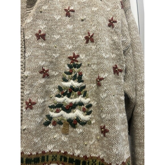 WHITE STAG BEIGE BROWN UGLY CHRISTMAS WOMEN'S SWEATER YARN BEADS TREES Large - Picture 2 of 4